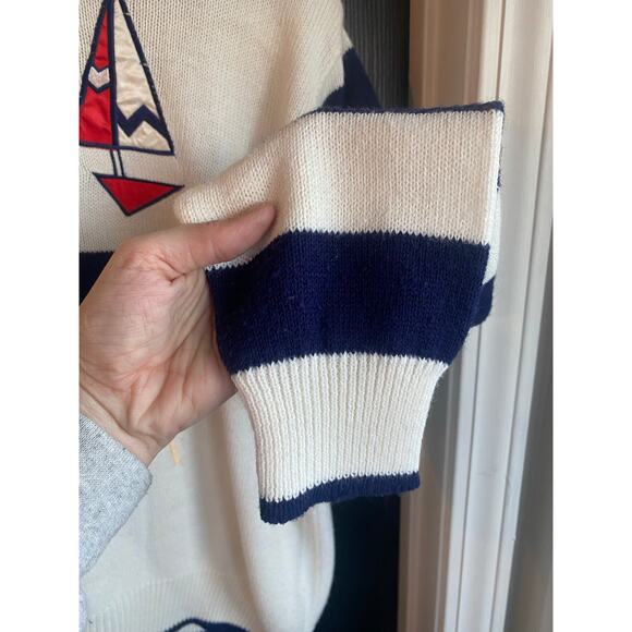 Vintage 80s Alfred Dunner Nautical Blue & White Striped Appliqué Sweater-Size L - Picture 4 of 8